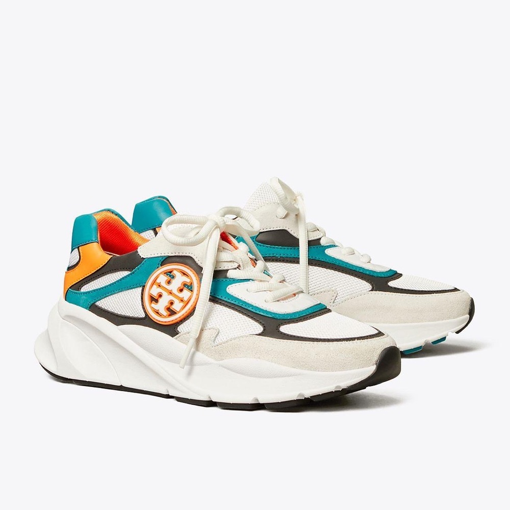 Tory Burch Sawyer Mixed Media Sneakers in Titanium, Neon Orange, Turquoise